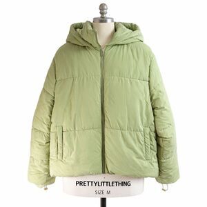 PrettyLittleThing Sage Green Puffer Jacket Hooded Zip Front Size M